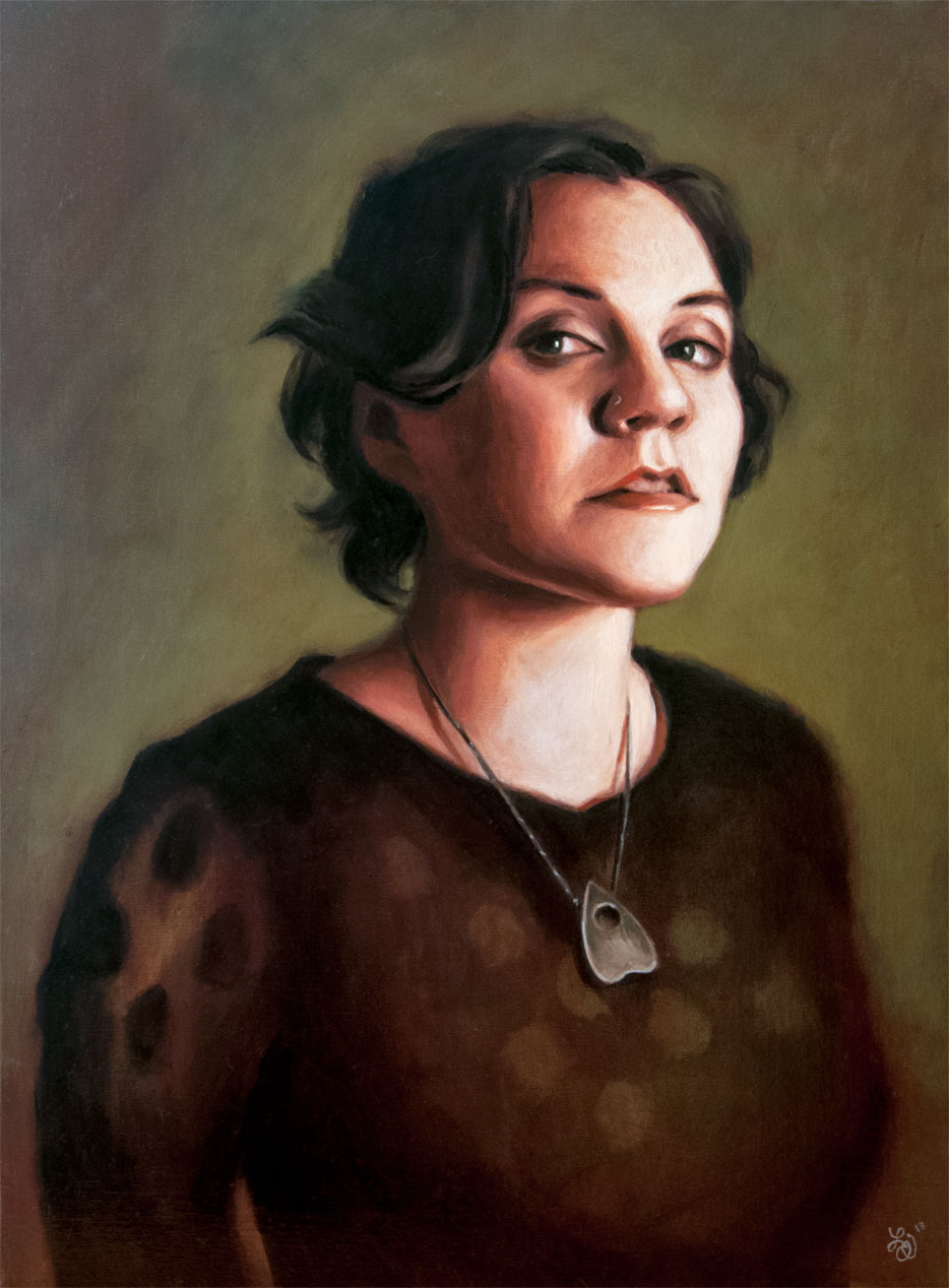 Contemporary self portrait oil painting of Philadelphia, PA artist Elizabeth Virginia Levesque completed in the year 2013. The painting is of the artist as a young woman. She wears a dark, long sleeved dress pattered in large dots. Her hair is dark, wavy and short. A Blood Milk planchette necklace and small silver nose ring reflect light. The woman stands with her chin slightly raised and looks directly at the viewer. Small, cupid's bow shaped lips are slightly parted. She is painted against an olive green background.